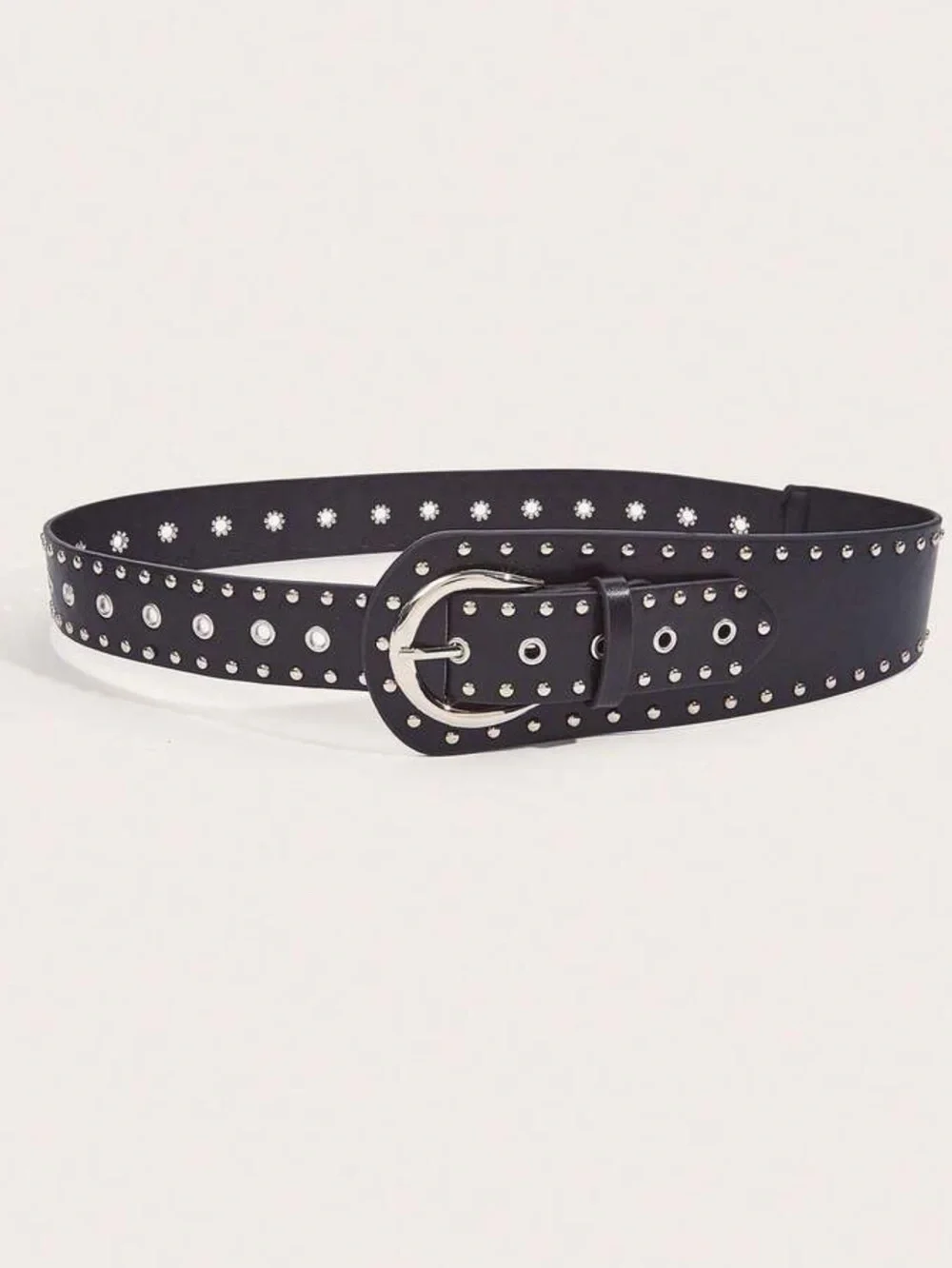 Black Studded Wide Leather Belt with Antique Silver Buckle